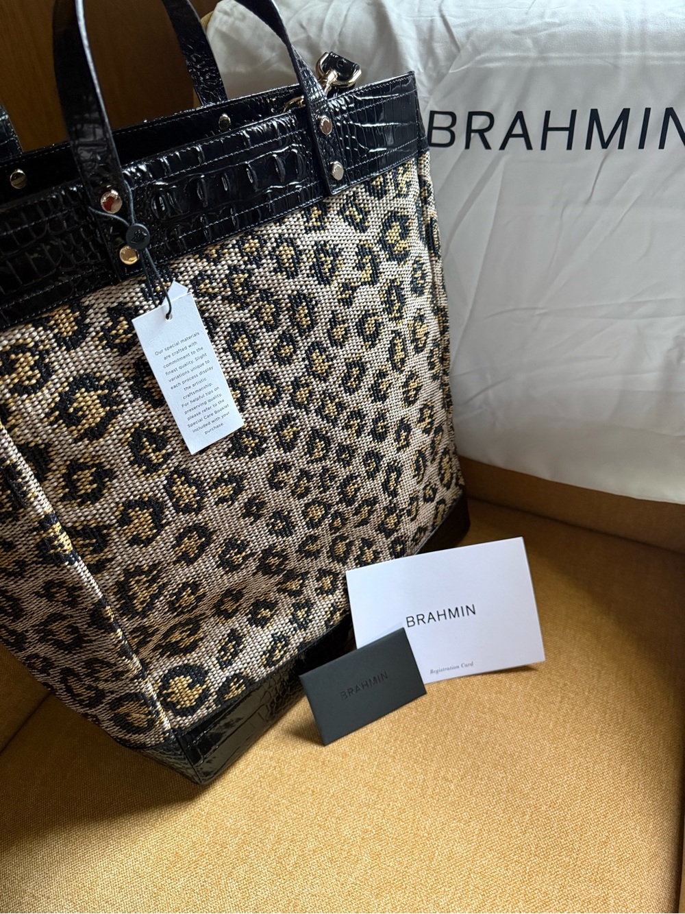 Brahmin Leopard Print Tote with Black Croc-Embossed Trim - Picture 3 of 11